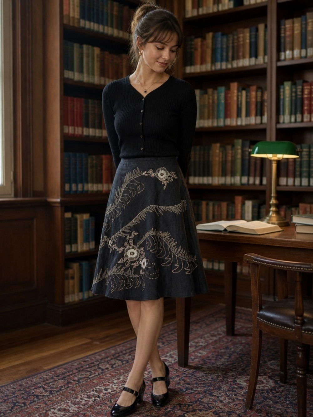 Anne Carson Size 8• 100% Linen Black Lined Embroidered Beaded Midi Skirt Fairy